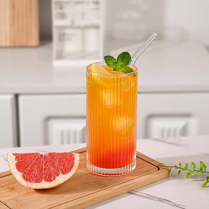 Set of 8 Vintage Ribbed Glassware,4 Highball Glasses 12 oz,4 Rocks Drinking Glasses 14 oz,Ribbed Cocktail Glass Cup,Used for Whiskey,Ice Coffee Cup,Juice,Smoothies,Mixed Drinkware