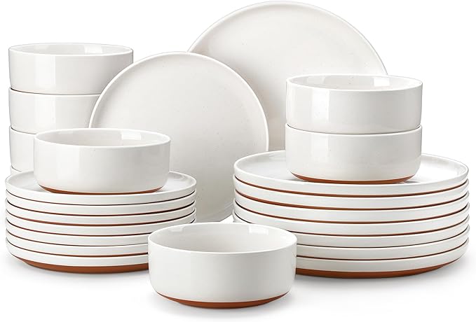 MALACASA Plates and Bowls Sets, 24 Pieces Modern Ceramic Dinnerware Set for 8 Kitchen Stoneware Dishes Dishware Set Microwave and Dishwasher Safe, White, Series TARA