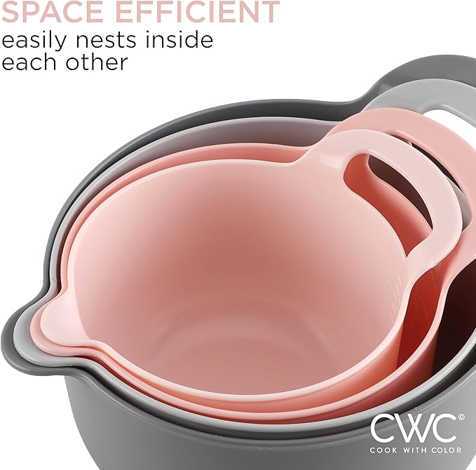 COOK WITH COLOR Nesting Plastic Mixing Bowl Set with Pour Spouts and Handles, Pink, 4 Piece Non-Slip