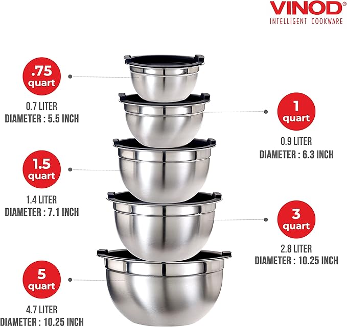 Vinod Cookware Stainless Steel Mixing Bowls with Lids - Heavy Duty Flat Bottom Stackable Mixing Bowl Set - Bowls for Meal Prep, Cooking, Mixing & Serve - Space Saving & Easy Clean - Set of 5