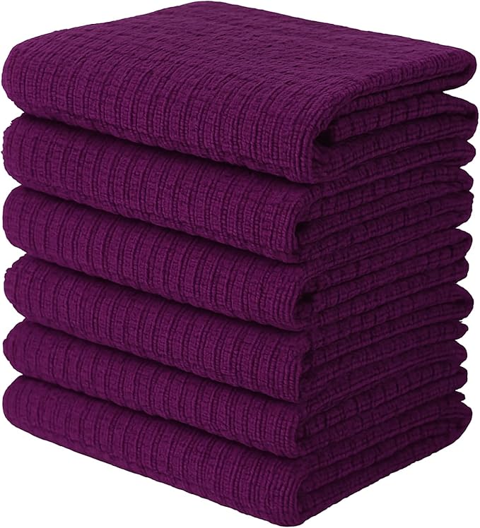 CRAFTSWORTH Kitchen Towels, 15 x 26 Inches, Pack of 6, 400 GSM, 100% Ring Spun Cotton, Striped Solid Purple Cotton Dish Towels Super Soft and Absorbent, Tea Towels and Bar Towels
