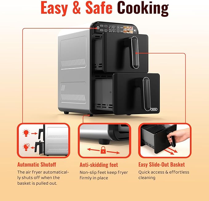 11.6QT Dual Basket Air Fryer Oven, Vertical 2-Basket Design, 6-in-1 Presets Function with Digital Touchscreen, Sync & Match, Easy to Clean, Dishwasher Safe, Family Meals