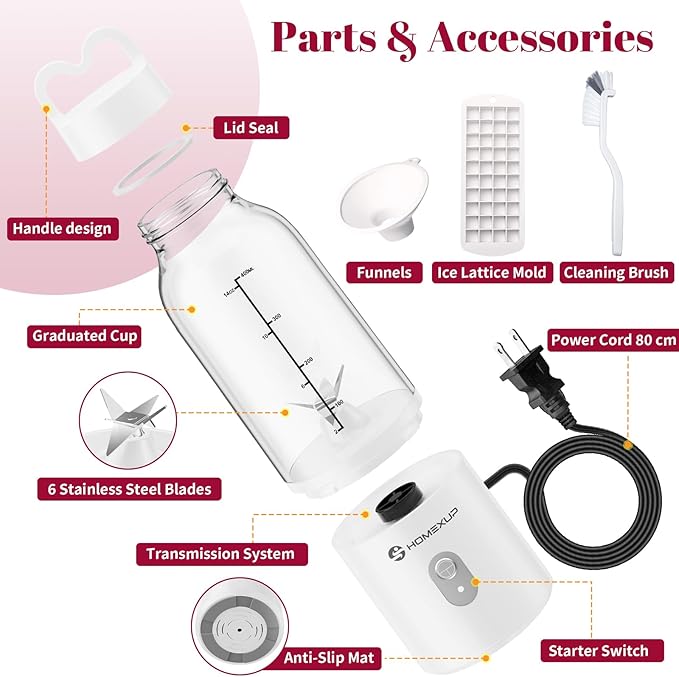 Portable Personal Blender 17 OZ/500 ML Juicer, 175W Personal Size Blender, Ideal for Smoothies, Ice Blending, Juicing, and Food Processing, Compact, Convenient, and Versatile (White)