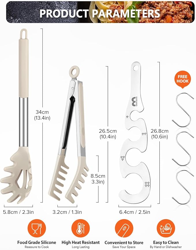 Silicone Spaghetti Spoon & Pasta Tong With Pasta Measurer, 3 Pack of Non-Stick Stainless Steel Handle Pasta Fork Set with Teeth, Food Clip for Easy Serving of Noodles (KHAKI)