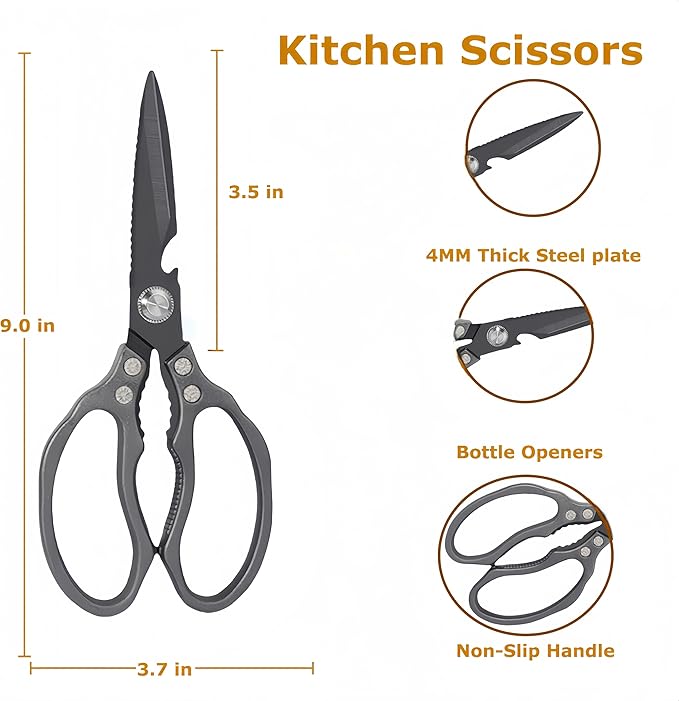 Kitchen Scissors, Heavy Duty Sharp Kitchen Shears Dishwasher Safe, Kitchen Accessories Cooking Shears for Kitchen Meat Chicken Fish Poultry Herb Bread (All Black), skr-05