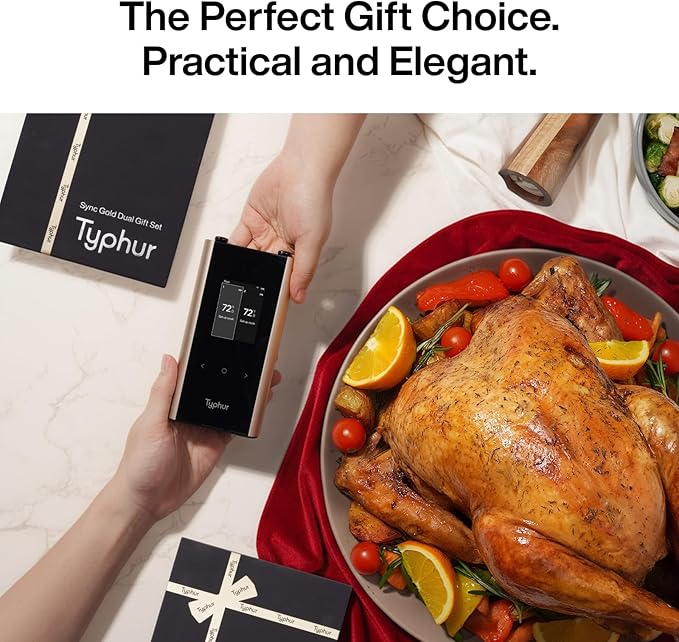 Typhur Sync Gold Dual Gift Set, WiFi Wireless Meat Thermometer with 2 Slim Probes & Storage Case, 6 Sensors, 10x Stronger Signal, Smart Base, ±0.5℉ Accuracy, Grill BBQ Christmas Gifts for Men