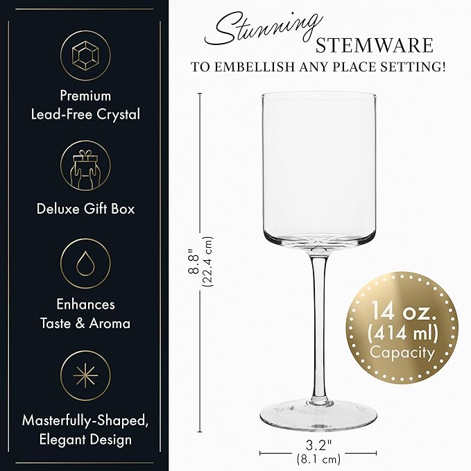 Square Wine Glasses Set of 4 - 14 oz - Crystal Wine Glass Set in Gift Packaging - Large Red Wine Glass on Long Stem - Housewarming Gifts New Home - Glasses Drinking Set - For White & Red Wine