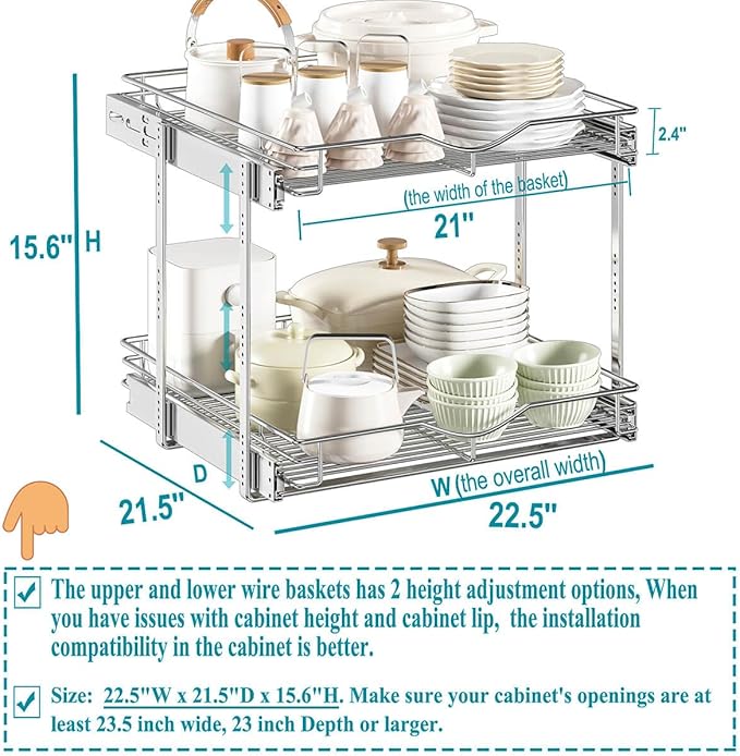 OCG 2 Tier Pull Out Cabinet Organizer (22.5" W x 21.5" D), Pull Out Drawers for Kitchen Cabinets, Pull Out Shelves for Base Cabinet Organization in Kitchen Bathroom Pantry, Chrome Finish