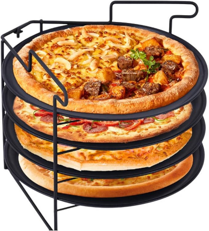JIAWANSHUN Folding Pizza Rack Stand 4-Layer Stainless Steel with 12-Inch Non-Stick Pan,Oven-Safe Baking & Cooling Holder for Home Kitchens,Pizza Shops,Commercial Restaurants