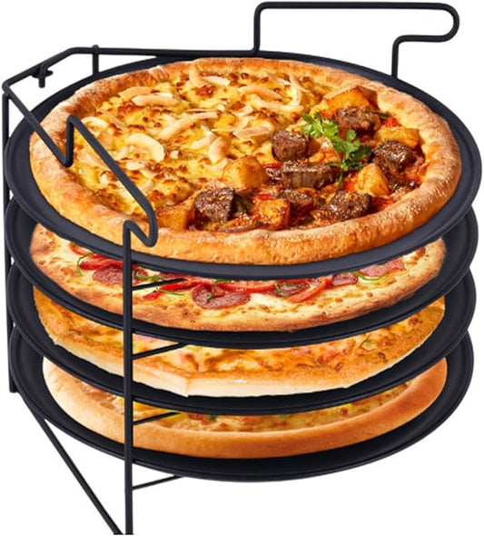 JIAWANSHUN Folding Pizza Rack Stand 4-Layer Stainless Steel with 12-Inch Non-Stick Pan,Oven-Safe Baking & Cooling Holder for Home Kitchens,Pizza Shops,Commercial Restaurants