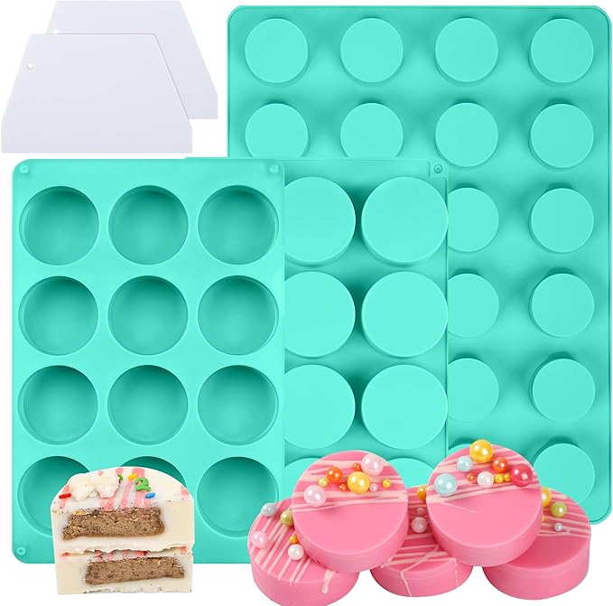3Pcs Cake Puck Mold Set,2 Different Sizes Chocolate Covered Cake Silicone Molds, 24-Cavity&12-Cavity Round Cake Pop Molds with 2 Spatulas for DIY Cake Cores, Chocolate Desserts,Cakepucks