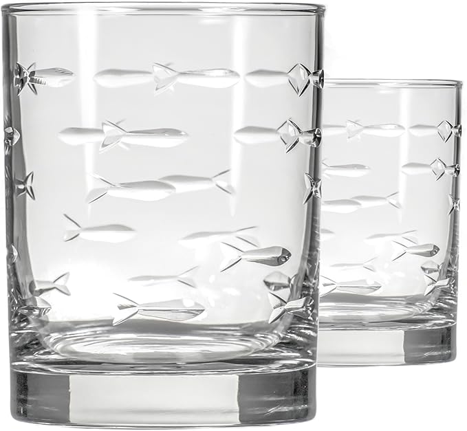 Rolf Glass School of Fish 13 oz Double Old Fashioned Whiskey Cocktail Glass | Set of 2 | Engraved Lead-free Tumbler Glasses | Made in the US