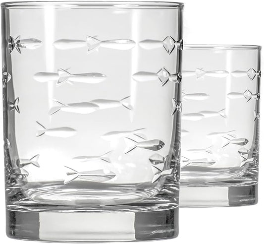 Rolf Glass School of Fish 13 oz Double Old Fashioned Whiskey Cocktail Glass | Set of 2 | Engraved Lead-free Tumbler Glasses | Made in the US