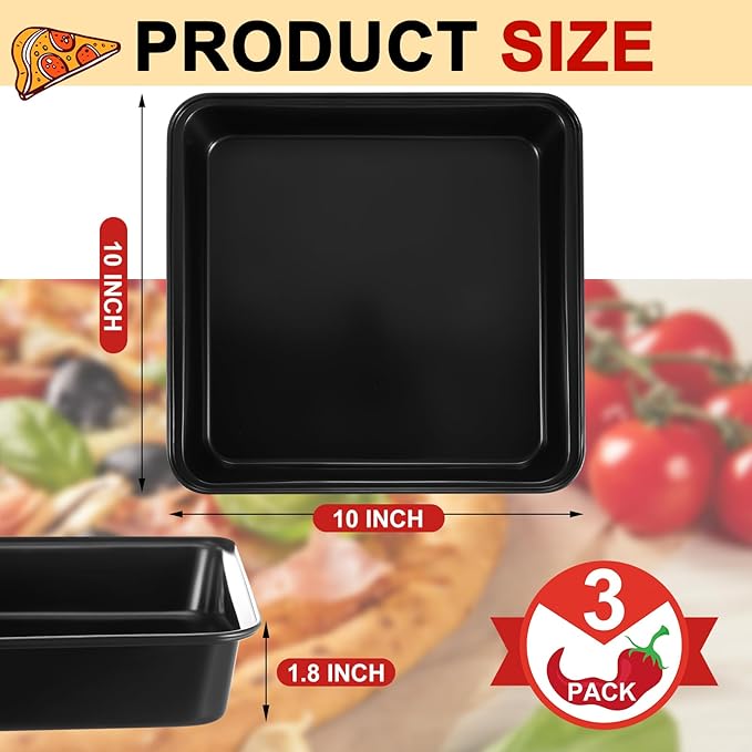 3 Pcs Detroit Style Pizza Pan 10 x 10 x 1.8 Inch Non Stick Rectangle Deep Pizza Pans Pre Seasoned Carbon Steel Sicilian Style Pan Dish Bakeware Kitchenware