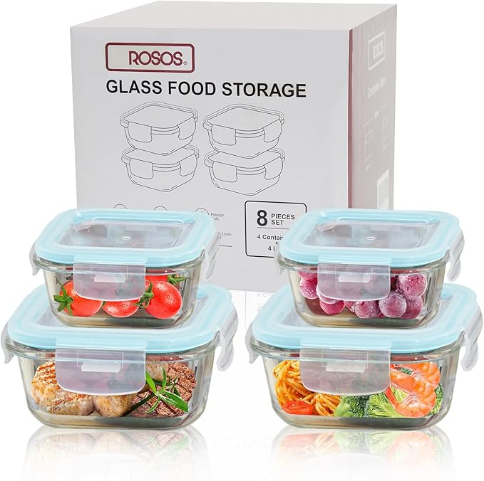 Glass Food Storage Containers with Lids Airtight 4 Pack, Glass Storage Containers with Lids for Food, Not Easy Broken & Leak Proof, Glass Containers with Lids for Oven/Dishwasher Safe, Blue