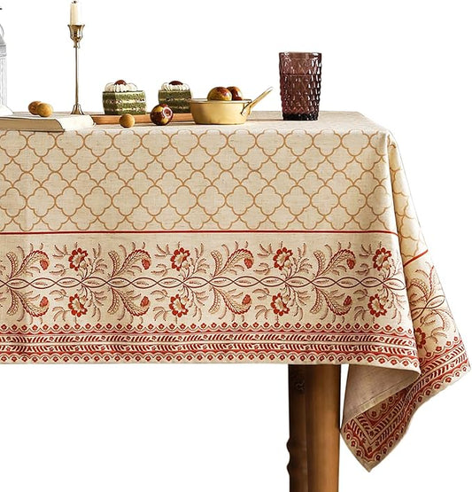 French Rectangular Tablecloth,Floral Linen Table Cloth with Flaxen and Red Undertones,Heavy Durable Table Cover for Dining Thanksgiving Kitchen Decor Party Banquet Christmas,63"*110"