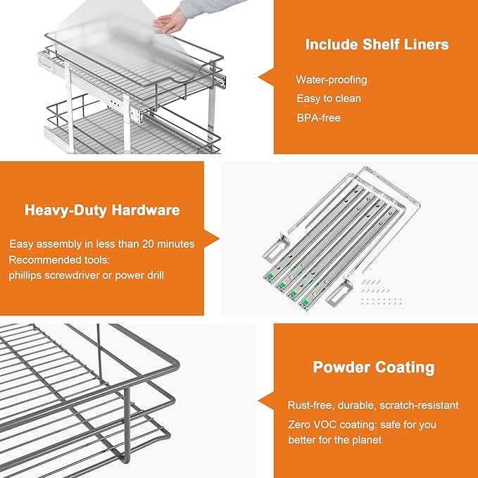 ALINE FURNITURE 2-Tier Pull Out Cabinet Organizer - 14" W x 22" D Soft Close Pullout Shelves with Shelf Liners - Slide Out Drawers for Kitchen Cabinets, Pantry, Bathroom, Heavy Duty Steel Wire Baskets