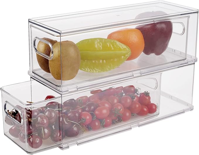 Taiuloo 2 Pack Stackable Refrigerator Organizer Bins with Pull-Out Drawer, Clear BPA-Free Food Storage Containers for Fridge Freezer, Kitchen Pantry Cabinet & Bathroom Vanity Organization