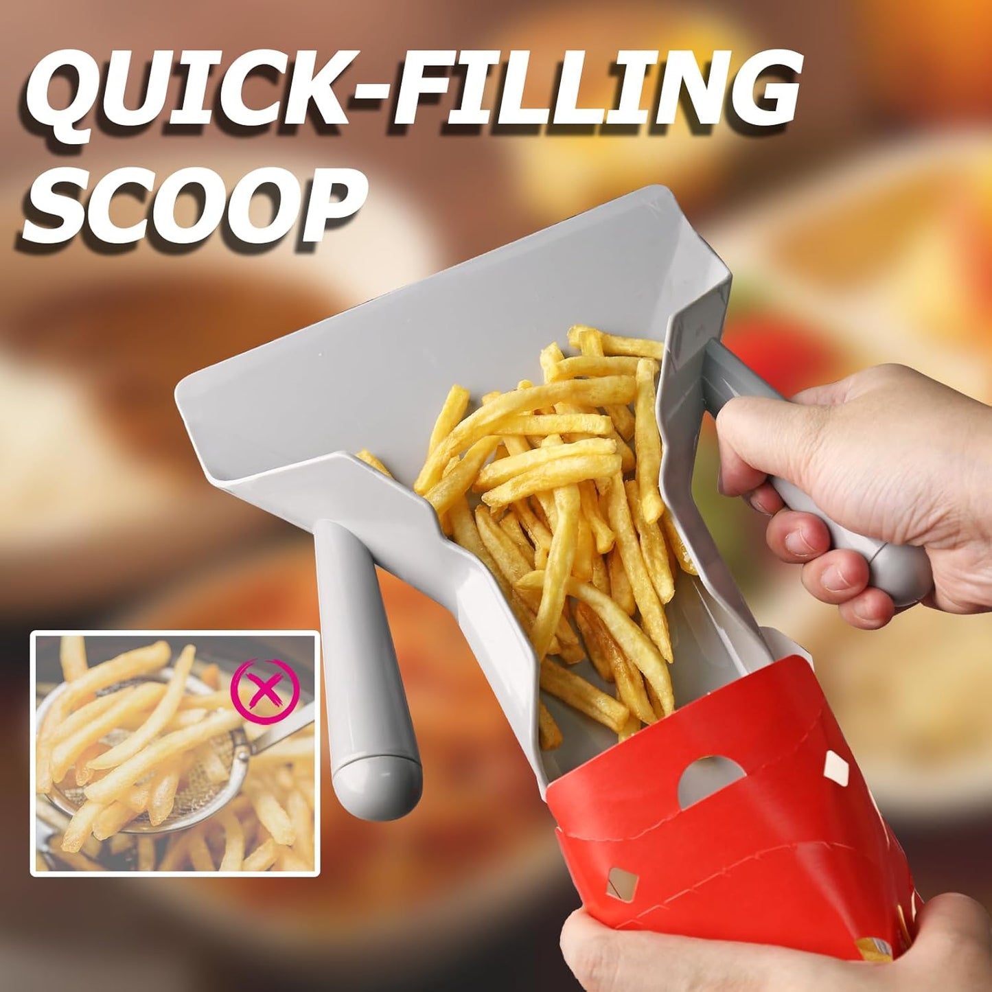 Polycarbonate French Fry Popcorn Scoop, Quick Fill Tool for Food Bags & Boxes, Multipurpose Utility Scooper for Bagger French Fries, Snacks, Desserts, Ice, Dry Goods(Dual Handle)