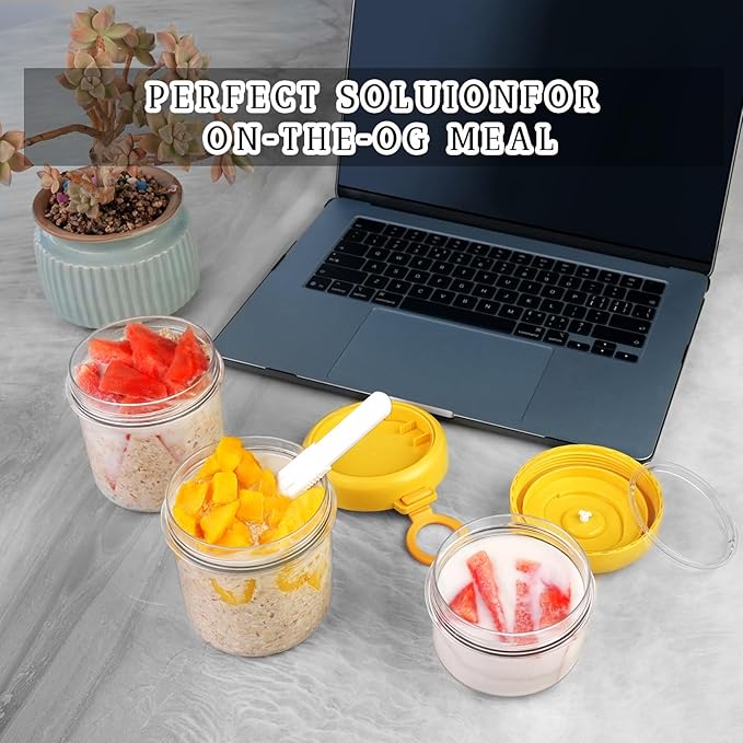 Container Food Overnight Oats Containers with Lids, Folding Spoons 26 oz Plastic Mason Jars Containers with Lids Portable Cereal and Milk Container on The Go (yellow Oatmeal Cup)