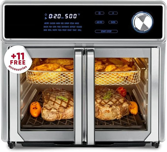 26-Quart Large Air Fryer Oven |10-in-1 Countertop Stainless Steel Toaster Oven Combo | Non Toxic Family Size Air Fryer - Frying, Baking, Toasting, Dehydrating, Rotisserie | 1700W 360° Heating