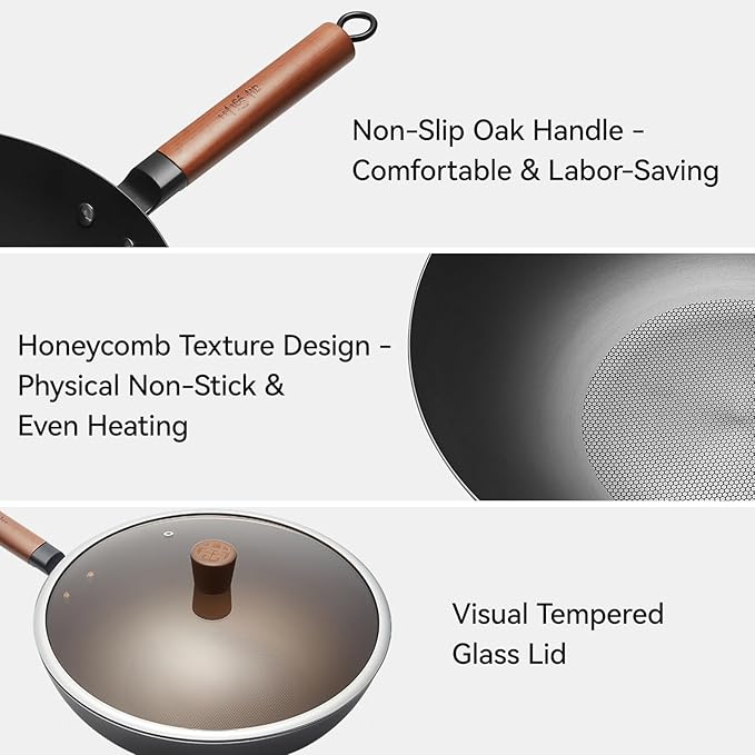 WANGYUANJI 12.6" Pure-Iron Wok with Glass Lid, Flat-Bottom Lightweight Chinese Stir-Fry Pan, Wooden Handle, Uncoated — Induction/Gas/Electric Compatible, Not Pre-Seasoned (Seasoning Required)