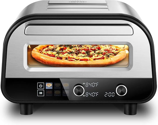 Upgraded Pizza Oven Heats up to 840°F Makes 12 Inch Pizzas in 90 Seconds Countertop Electric Pizza Maker with 6 Touchscreen Presets Pizza Stone & Peel Included - Stainless Steel