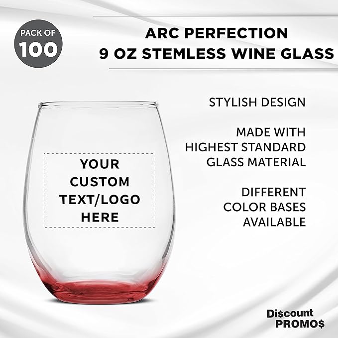 Custom Stemless Wine Glass 9 oz. Set of 100, Personalized Bulk Pack - Great for Wedding Favors, Bachelorette Party Decorations, Party Favors, Color Bottom - Red