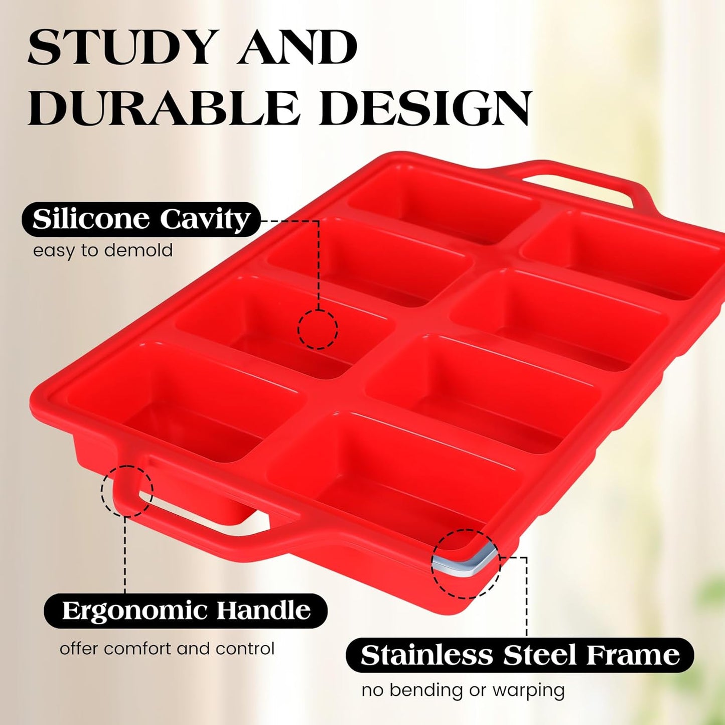 2 Pcs Mini Loaf Pans Silicone, Nonstick Small Bread Pans for Baking, Tiny Meatloaf Pan with Metal Reinforced Frame 8 Cavity (Red)