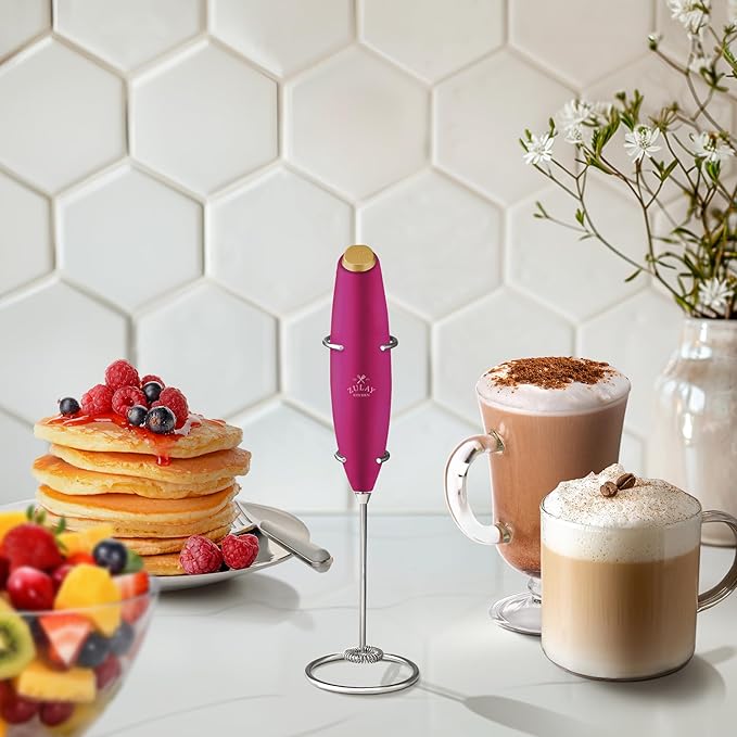 Zulay Kitchen Powerful Milk Frother Wand - Ultra Fast Handheld Drink Mixer - Electric Whisk Foam Maker for Coffee, Lattes, Cappuccino, Frappe, Matcha & Coffee Creamer - Hot Pink & Gold