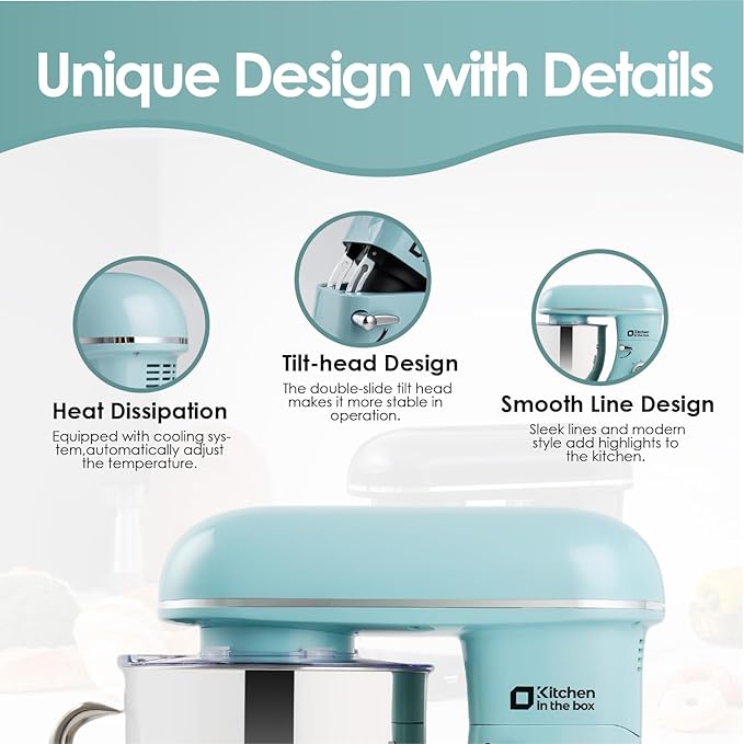 Kitchen in the box Stand Mixer - 6.5 Quart Mixing Bowl with Handle, 900 Watt Powerful Heavy Bread Dough Standing Mixers Tilt-head with Dough Hook, Whisk, Flat Beater and Splash Guard (Blue)