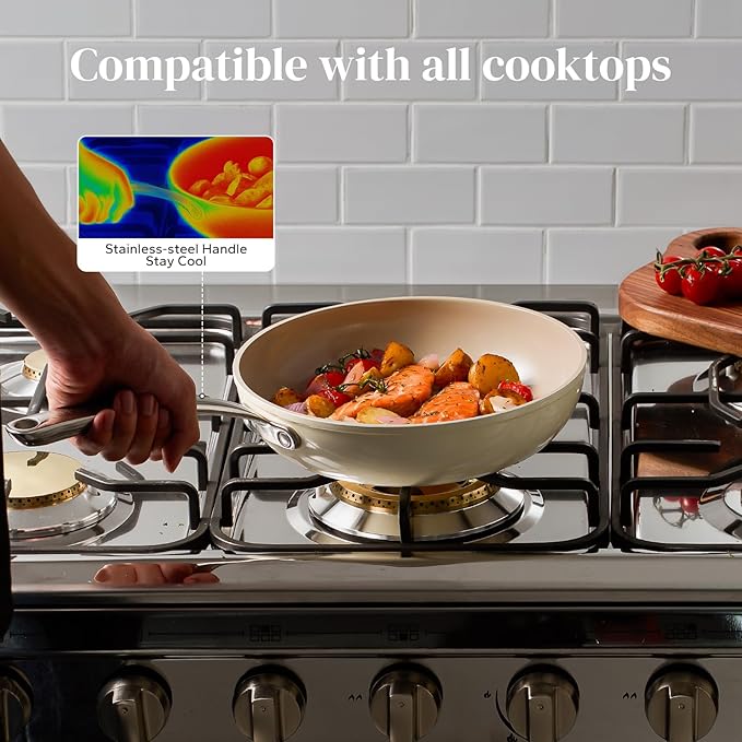 Redchef Ceramic Nonstick Frying Pan, Ceramic Non-Stick Saute Pan, Non Toxic Egg Pan, Cooking Pan for Kitchen, PFAS Free, All Stovetops (Gas, Electric, Induction), Oven Dishwasher Safe(9.5" Beige)