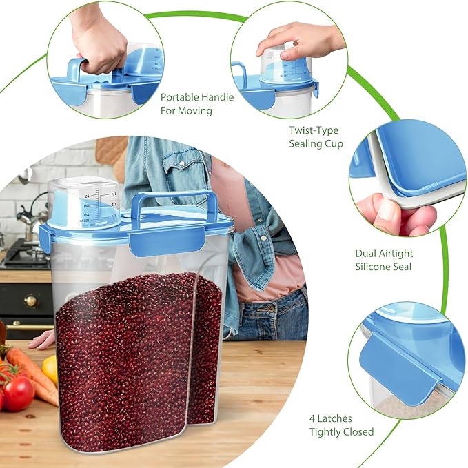 Rice Storage Container, 5 to 10lb Dry Food Airtight Dispenser, Pet Dog Cat Food Canister, BPA Free Clear Plastic Kitchen and Pantry Organization Bin for Oatmeal, Grain, Cereal, Pasta, Flour
