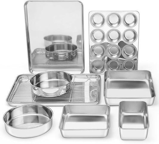 E-far 9-Piece Baking Pan Set, Stainless Steel Bakeware Sets for Sheet Cake Cookie Loaf Muffin, Include Baking Sheet, Round Square Rectangle Baking Pan & Cooling Rack, Dishwasher Safe