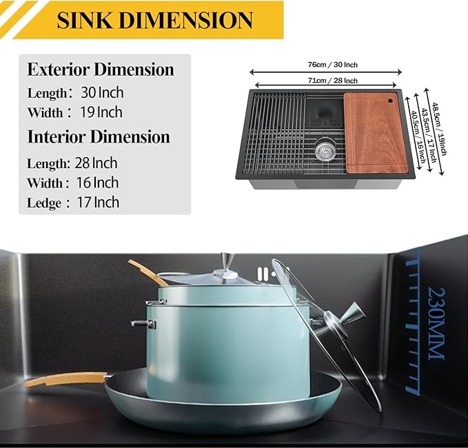 30x19 In Black Kitchen Sink Workstation - Undermount Stainless Steel Single Bowl Drop In Modern Workstation Sink Come With SS Grid,Drying Rack,Cutting Board,Utensil Rest And Drain Assembly