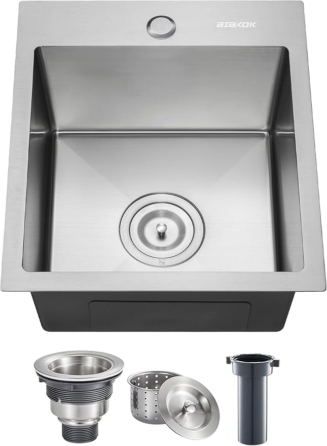 Kitchen Sink 15x17 Topmount Single Bowl Drop-in Sinks 304 Stainless Steel Handmade Home Bar Outdoor RV Sinks Brushed