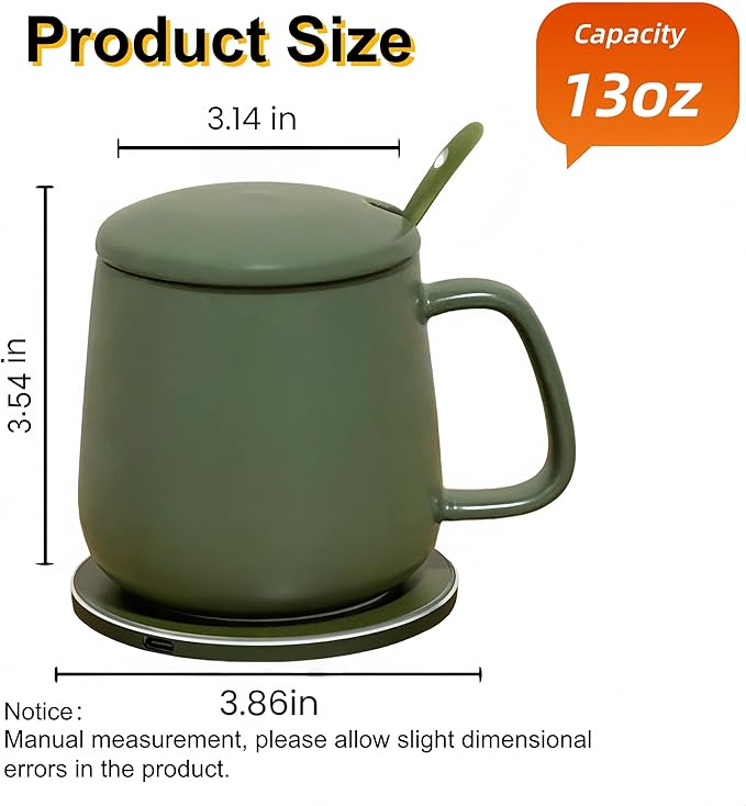 Smart Temperature Control Mug, 13 Oz Premium Ceramic Coffee Cup with 15W Wireless Charger, Charges Phones, Olive Green