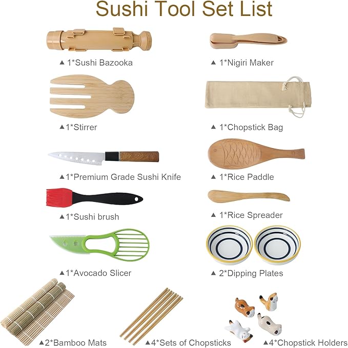 Havaro Sushi Making Kit, 21-Piece Sushi Roller Kit for Beginners & Pros with Knife, 2 Bamboo Rolling Mats, Bazooka and Dipping Plate, Chopsticks – Premium Sushi Gift Box