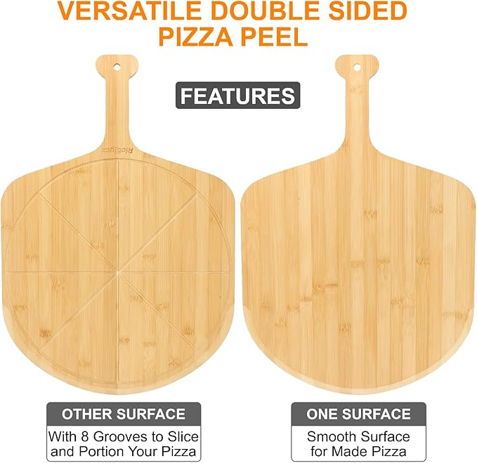 16 inch Natural Bamboo Pizza Peel Set of 2, Double-Sided Use Pizza Cutting Board with 8 Slice Grooves for Pizza, Bread, Cheese, Vegetable, Fruits