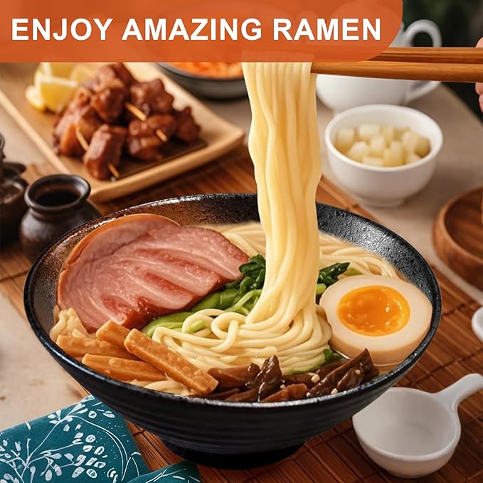9.4Inch Ceramic Ramen Bowl Set of 4 (17 Piece) - Porcelain Japanese Salad Noodles Cereal Fruit Pasta Soup Large Bowls with Recipes Chopsticks Forks Spoons for Men Women Gift Microwave Dishwasher Safe