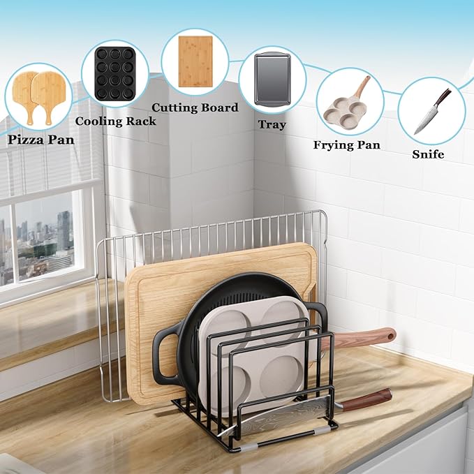 Cutting Board Organizer Rack with 7 Compartments, Heavy-Duty Iron Pan and Baking Sheet Organizer, Kitchen Cabinet Storage Rack with Non-Slip Base, Space-Saving Pot Lid Holder for Countertop & Pantry