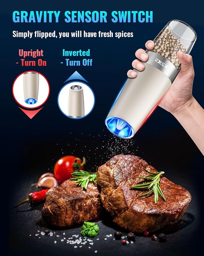 XinXu Gravity Electric Pepper Grinder, Salt or Pepper Mill & Adjustable Coarseness, Battery Powered with LED Light, One Hand Automatic Operation (Set/Khaki)