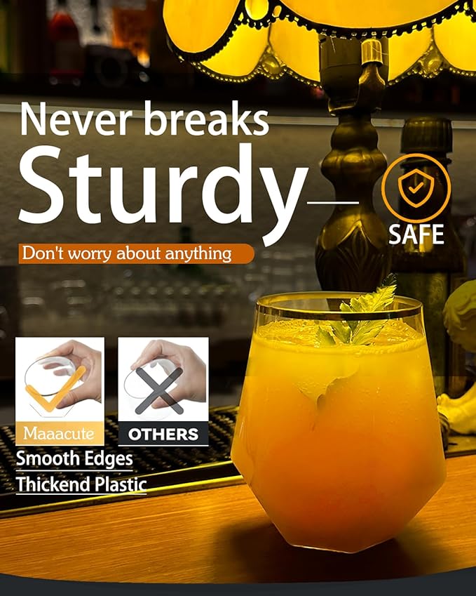 40 Pcak Plastic Stemless Wine cocktail Whiskey Champagne Glasses, 12 Oz Gold Rim Disposable Clear Unbreakable Cups for Party Bars Wedding Tasting (Diamond-shaped)