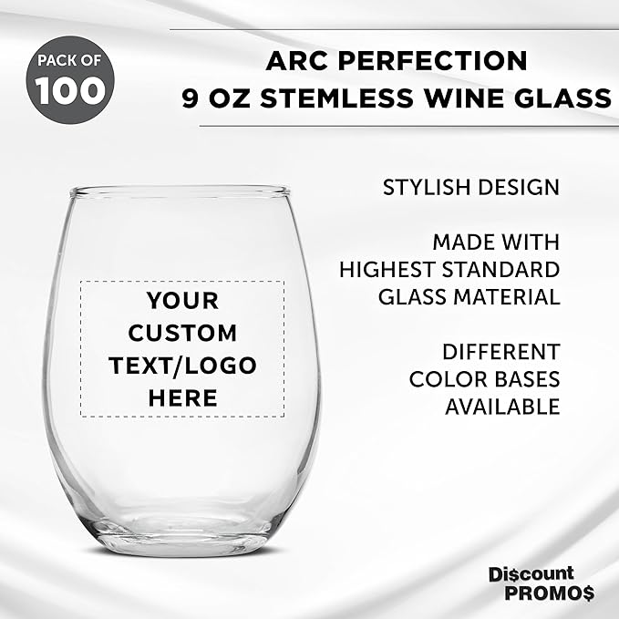 Custom Stemless Wine Glass 9 oz. Set of 100, Personalized Bulk Pack - Great for Wedding Favors, Bachelorette Party Decorations, Party Favors, Color Bottom - Clear