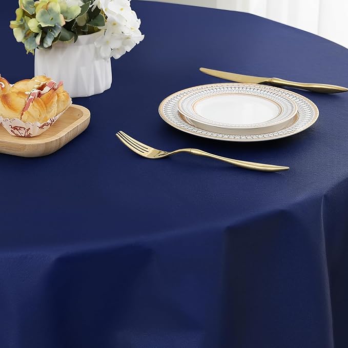 homing Round Vinyl Tablecloth, Waterproof Spillproof Plastic Flannel Backed Table Cloth, Wipe Clean Table Cover for Dining, Buffet Parties and Camping (Navy Blue, 60")