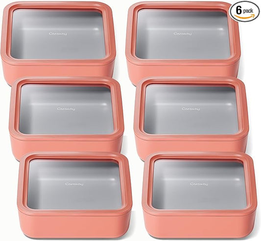 Caraway 6pc Glass Food Storage Set – 10 Cup Food Containers (6) - Ceramic Coated - Non Toxic, Non Stick with Lids - Microwave Safe - Perracotta