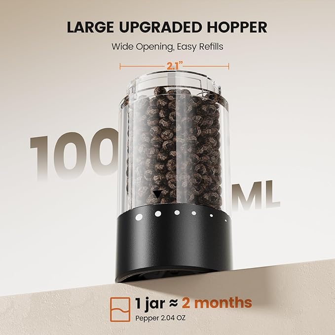 Electric Salt and Pepper Grinder Set - Rechargeable Automatic Salt and Pepper Shakers, Kitchen Appliances with External Adjustable Coarseness, Larger Hopper for Cooking, Home Gifts(2 Pack,Black/White)