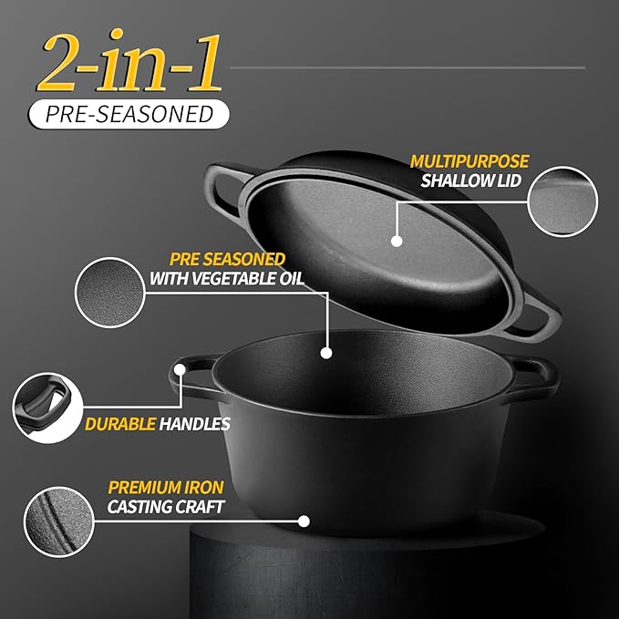 2-in-1 Pre-Seasoned Cast Iron Dutch Oven Pot with Skillet Lid Cooking Pan, Cast Iron Skillet Cookware Pan Set with Dual Handles Indoor Outdoor for Bread, Frying, Baking, Camping, 7QT
