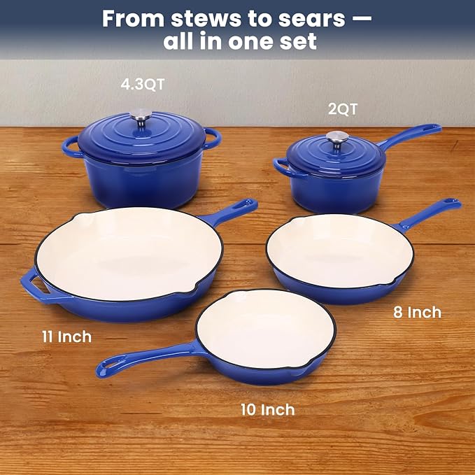 QuliMetal Enameled Cast Iron Cookware Set, 5 Pcs Pots and Pans with Lid, Skillet, Frying Pan, Saucepan & Dutch Oven for All Stovetops, PFA Free - Ideal for Sourdough Bread Baking