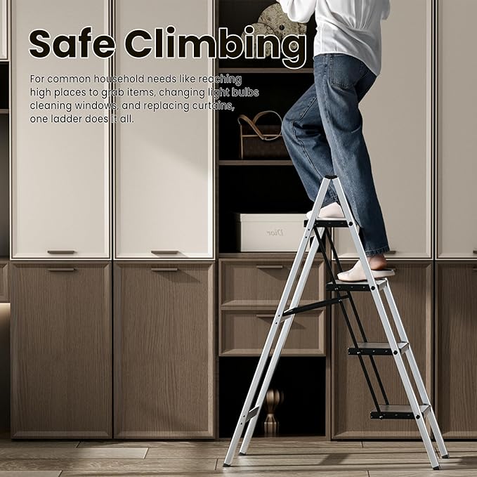 HillhutApex 4 Step Stool, Aluminum Foldable Step Ladder, Lightweight Stable Stool with Wide Non-Slip Pedals, 330lbs Bearing Capacity Ladder for Office,Home,Kitchen - Silver